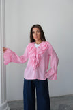Fırfırlı Bağlama Detaylı Uzun Kollu Bluz 8834 - Pembe