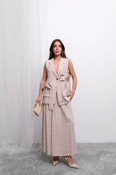 Trend Kruvaze Bağlamalı Yelek ve Uzun Etek Takım D004 - Bej