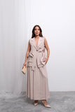 Trend Kruvaze Bağlamalı Yelek ve Uzun Etek Takım D004 - Bej