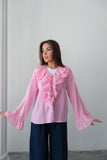 Fırfırlı Bağlama Detaylı Uzun Kollu Bluz 8834 - Pembe