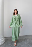 Fırfırlı Bağlama Detaylı Uzun Kollu Bluz ve Geniş Paça Pantolon İkili Takım 8019 - Yeşil