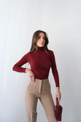 Drapeli Balıkçı Yaka Uzun Kollu Bluz 4145 - Bordo