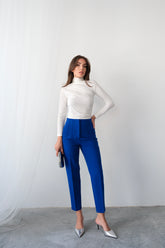 Yüksek Bel Düz Kesim Kruvaze Detaylı Kumaş Pantolon 4613 - Mavi