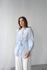 Dantel Yakalı Çizgili Kuşaklı Uzun Kollu Tunik - Mavi 6042