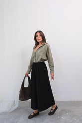 Beli Lastikli Geniş Kesim Kloş Double Krep Pantolon Etek 5187 - Siyah