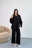 Dökümlü Kesim Taşlı Geniş Kollu Bluz ve Geniş Paça Pantolon İkili Takım 8838 - Siyah