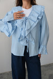 Fırfırlı Bağlama Detaylı Uzun Kollu Bluz 8834 - Mavi
