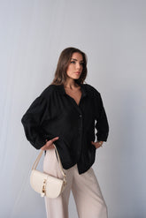 Yazlık Rahat Kesim Modal Kumaş Uzun Kollu Gömlek - Siyah 4612