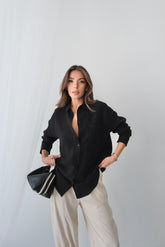 Yazlık Rahat Kesim Müslin Kumaş Uzun Kollu Gömlek 3833 - Siyah