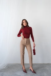 Yüksek Bel Düz Kesim Kruvaze Detaylı Kumaş Pantolon 4613 - Bej