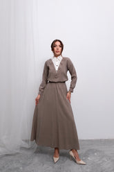 Beli Lastikli Uzun Etek ve Uzun Kollu Üst Takım D003 - Vizon