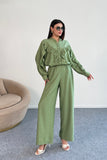 Fırfır Detaylı Uzun Kollu Gömlek ve Geniş Paça Pantolon İkili Takım 8021 - Yeşil