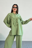 Fırfır Detaylı Uzun Kollu Gömlek ve Geniş Paça Pantolon İkili Takım 8021 - Yeşil