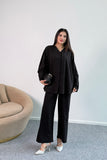 Dökümlü Kesim Taşlı Geniş Kollu Bluz ve Geniş Paça Pantolon İkili Takım 8838 - Siyah