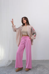 Yazlık Rahat Kesim İp Bağcıklı Geniş Paça Palazzo Pantolon 4316 - Pembe
