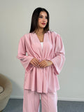 Taşlı Büzgülü Bağlama Detaylı Uzun Kollu Bluz ve Geniş paça Pantolon İkili Takım 8022 - Pembe