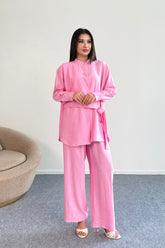 Bağlama Detaylı Gömlek ve Geniş Paça Pantolon İkili Takım 2519 - Pembe