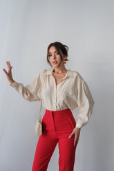 Yazlık Rahat Kesim Modal Kumaş Uzun Kollu Gömlek - Bej 4612