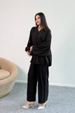 Dökümlü Kesim Taşlı Geniş Kollu Bluz ve Geniş Paça Pantolon İkili Takım 8838 - Siyah
