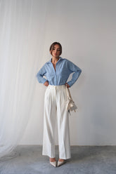 Yazlık Bol Kesim Yüksek Bel Gold Düğmeli Double Paça Pantolon 4317 - Beyaz