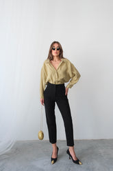 Yüksek Bel Düz Kesim Kruvaze Detaylı Kumaş Pantolon 4613 - Siyah