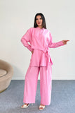 Bağlama Detaylı Gömlek ve Geniş Paça Pantolon İkili Takım 2519 - Pembe