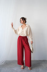 Yazlık Rahat Kesim Yüksek Bel İp Bağcıklı Bol Paça Salaş Pantolon 5188 - Kırmızı