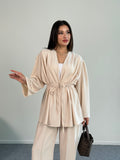 Taşlı Büzgülü Bağlama Detaylı Uzun Kollu Bluz ve Geniş paça Pantolon İkili Takım 8022 - Bej