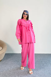 Fırfır Detaylı Uzun Kollu Gömlek ve Geniş Paça Pantolon İkili Takım 8021 - Pembe
