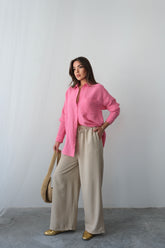 Yazlık Rahat Kesim Yüksek Bel İp Bağcıklı Bol Paça Salaş Pantolon 5188 - Bej