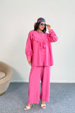 Fırfır Detaylı Uzun Kollu Gömlek ve Geniş Paça Pantolon İkili Takım 8021 - Pembe