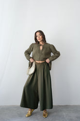 Beli Lastikli Geniş Kesim Kloş Double Krep Pantolon Etek 5187 - Haki