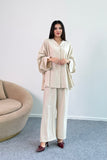 Dökümlü Kesim Taşlı Geniş Kollu Bluz ve Geniş Paça Pantolon İkili Takım 8838 - Bej