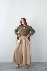 Beli Lastikli Geniş Kesim Kloş Double Krep Pantolon Etek 5187 - Bej