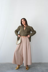 Beli Lastikli Geniş Kesim Kloş Double Krep Pantolon Etek 5187 - Açık Bej