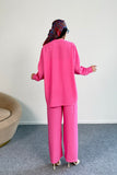 Fırfır Detaylı Uzun Kollu Gömlek ve Geniş Paça Pantolon İkili Takım 8021 - Pembe