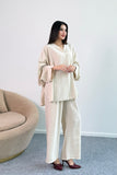 Dökümlü Kesim Taşlı Geniş Kollu Bluz ve Geniş Paça Pantolon İkili Takım 8838 - Bej