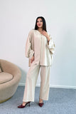 Dökümlü Kesim Taşlı Geniş Kollu Bluz ve Geniş Paça Pantolon İkili Takım 8838 - Bej
