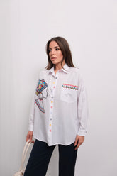 Özel Tasarım Nakış İşlemeli Oversize Uzun Kollu Gömlek 4824 - Beyaz
