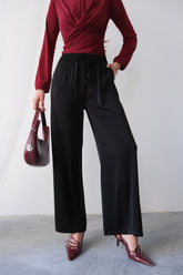 Yazlık Rahat Kesim İp Bağcıklı Geniş Paça Palazzo Pantolon 4316 - Siyah