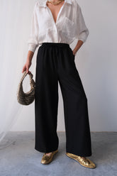 Yazlık Rahat Kesim Yüksek Bel İp Bağcıklı Bol Paça Salaş Pantolon 5188 - Siyah