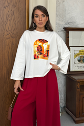 Kadın Dijital Baskılı Bisiklet Yaka Rahat Kesim Beyaz Sweatshirt 3192