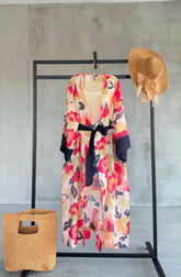 Desenli Belden Bağlamalı Deniz Yıldızı Detaylı Uzun Kimono 0126 - Pembe