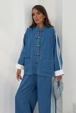 Kadın Kolları Şeritli Birit Düğmeli Hakim Yaka Denim Pantolon Takım 3194 - Mavi