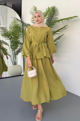 Nervürlü Bağcık Detaylı Bluz ve Dökümlü Etekli İkili Takım 8043 - Yağ Yeşili