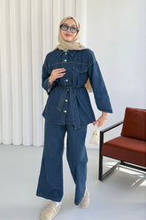 Önü Düğmeli Kuşaklı Denim İkili Takım Lacivert - 8923