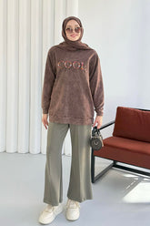 Bisiklet Yaka Önü Nakışlı Yıkamalı Tunik 8920 - Kahverengi