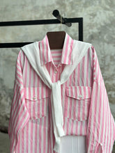 Hatun Atila Kadın Triko Süveter Bağlamalı Cep Detaylı Çizgili Gömlek 8752 - Pembe