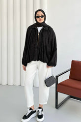 Yarasa Kol Simli Jakarlı Bomber Ceket 3024 - Siyah