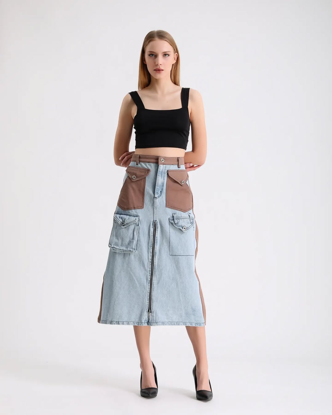 Fermuar Detaylı ve Çok Cepli Patchwork Denim Etek 7719 - Kot & Taba
